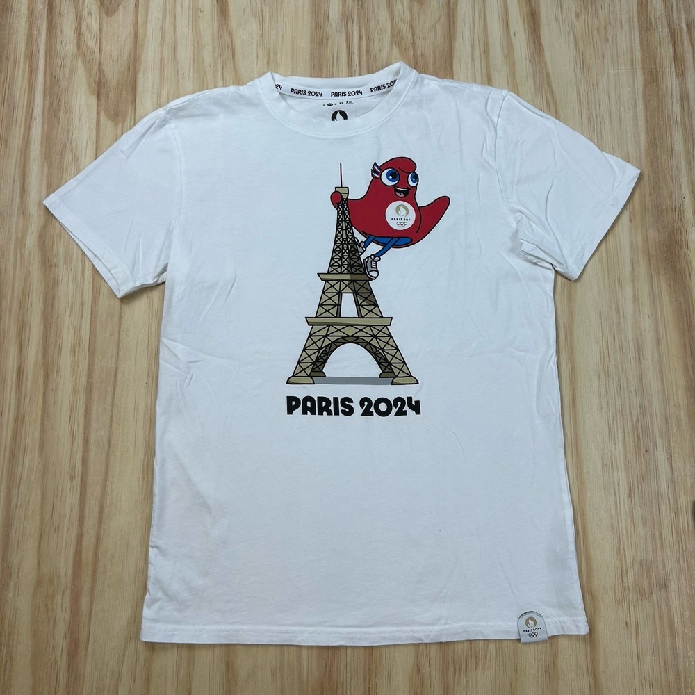 Paris 2024 Olympics T-Shirt White Mascot Logo Size M Eiffel Tower
